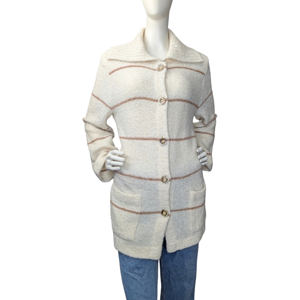 Vintage Boucle Cardigan With Pockets Quiet Luxury Textured Cream And Camel M/L